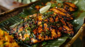 An aromatic blend of herbs and es adorn the plate of grilled chicken served on a large banana leaf photo