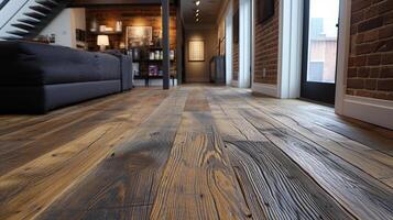 A detailed shot of the stunning reclaimed oak hardwood flooring adding warmth and character to this ecoconscious renovation photo