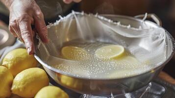 A person carefully strains the mixture from a large pot through a cheesecloth ensuring a smooth and clean finish for their homemade lemonade photo