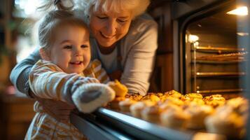 A grandparent and grandchild wearing oven mitts safely taking a warm batch of muffins out of the oven photo