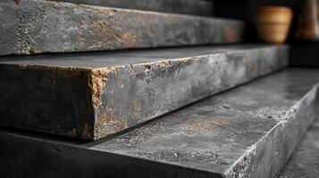 A closeup of a concrete stairway showcasing the raw and unrefined texture of the material adding an element of modernity and simplicity to the design photo