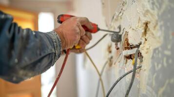 A closeup shot of a skilled electrician using long pliers to pull wires through a narrow opening in the wall photo