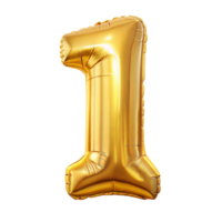 A shiny gold foil number one balloon floats in a neutral space png