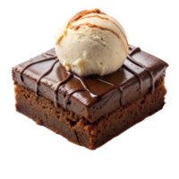 A scoop of vanilla ice cream on a fudgy brownie against a transparent background png