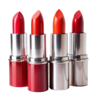 Four red lipsticks, ranging from light to deep shades, isolated against a transparent backdrop png