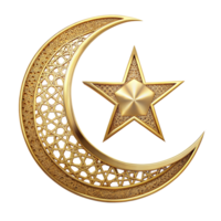 An ornate golden crescent moon and star, symbols of Islam, with intricate patterns png