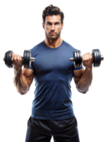 un muscular hombre en un azul camisa levantamiento pesas, exhibiendo fuerza y aptitud png