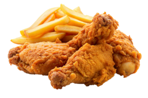 Golden-brown fried chicken and French fries isolated on transparent png