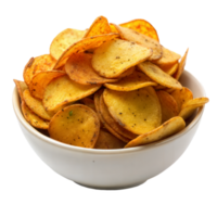 Bowl filled with crispy potato chips, isolated on transparent png