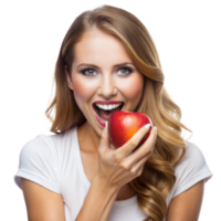 A cheerful lady enjoys a fresh apple, capturing a moment of healthy snacking png