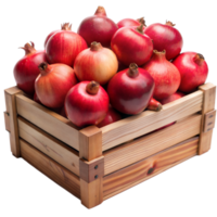 Wooden crate filled with ripe pomegranates, isolated on transparent png