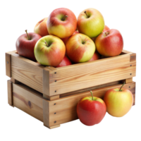 Assorted colorful apples piled high in a wooden crate png