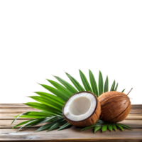 Halved and whole coconuts on a mat, tropical feel png