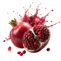 A cut pomegranate with seeds and juice splashing out png