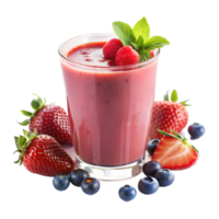 A berry smoothie in a glass, surrounded by strawberries, raspberries, and blueberries png