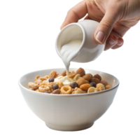 A hand pouring milk into a cereal bowl png