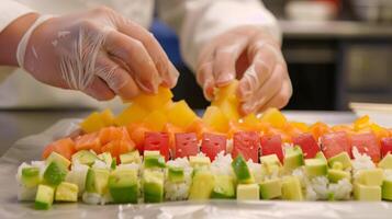 un estudiante delicadamente arreglando rebanadas de vistoso tropical Fruta en parte superior de su Sushi rodar creando un hermosa y delicioso presentación foto