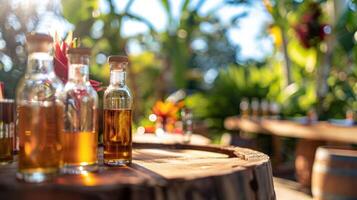 A wooden tasting table set up in a picturesque outdoor setting where customers can sample and learn about the different artisanal tropical liqueurs offered photo