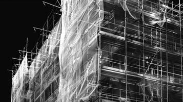 Scaffolding wrapped in a safety net to protect workers and passersby below photo
