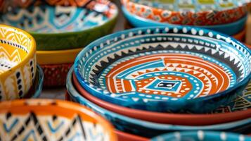 un serie de cerámico servicio platos cada pintado a mano con intrincado geométrico patrones y vibrante colores. foto