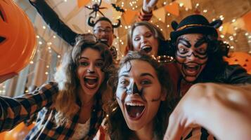 A spooky themed photo booth with props and decorations where guests are posing and capturing memories with their friends