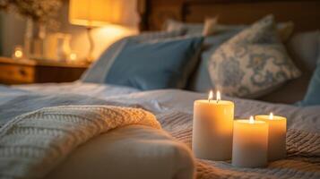 The soft lighting of the candles adds a touch of romance to the already cozy bedroom. 2d flat cartoon photo