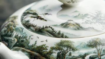 un pintado a mano porcelana tetera presentando un escénico paisaje con laminación colinas arboles y aves todas delicadamente hecho a mano sobre el superficie. foto