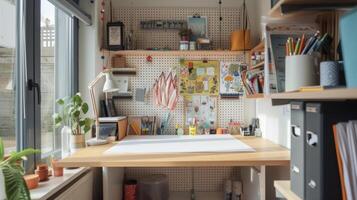un dedicado arte rincón en un pequeño Departamento presentando un plegar escritorio tablero de clavijas almacenamiento y un colgando tela organizador para todas unos bricolaje necesidades foto