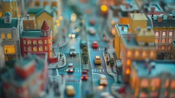 A miniature clay cityscape complete with buildings roads and tiny cars perfect for a dynamic stopmotion chase scene. photo