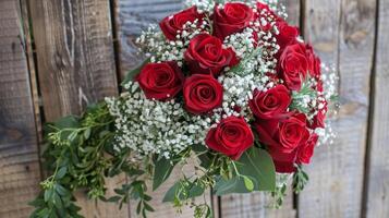 un terminado ramo de flores de profundo rojo rosas delicado babys aliento y cascada hiedra el Perfecto habitación central para un Boda o especial evento foto