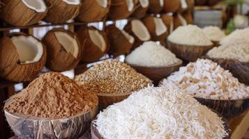 In one corner of the room a display of different types of coconuts fresh shredded and powdered awaits use in the recipes photo