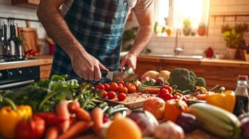 A man prepares a healthy customized dinner according to his personalized nutrition plan featuring a variety of colorful fruits and vegetables photo