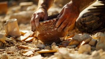 The careful hands of an archaeologist remove fragments of a broken vase from the ground piecing together the puzzle of this ancient civilization photo