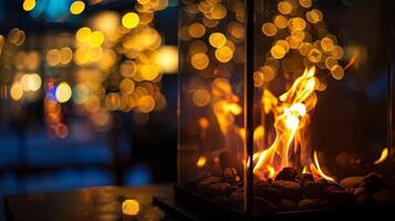 el calor de el fuego es acentuado por el vaso recinto creando un acogedor atmósfera ese es Perfecto para un relajante noche. 2d plano dibujos animados foto