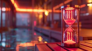 image 2 Closeup of a digital hourglass timer with glowing red numbers and a faint image of a sauna in the background. photo