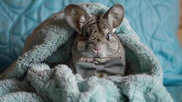 A chinchilla wrapped up in a fluffy towel looking dapper with a tiny bowtie after a thorough grooming session photo