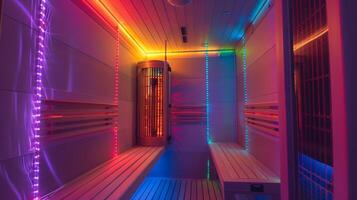 An infrared sauna with colorful lights beaming from the ceiling promoting relaxation and helping to ease digestive discomfort. photo