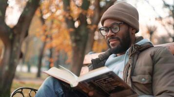 un hombre lee un libro en un parque banco abrazando su inteligencia y sensibilidad en lugar de conforme a el estereotipo de un estoico impasible masculino foto