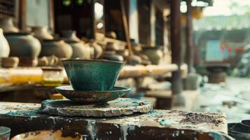 A cup of hot tea sits next to a persons pottery project providing a sense of warmth and relaxation during the session photo