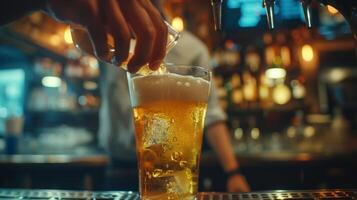 un de cerca de un barman torrencial un refrescante medio litro de un crujiente cero alcohol Pilsner foto