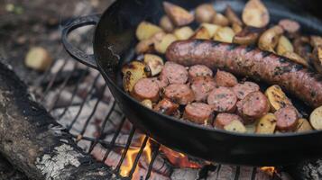 As the flames crackle and glow savory sausage and tender potatoes cook to perfection over the fire. Enjoy a taste of the great outdoors with this simple yet delicious meal photo