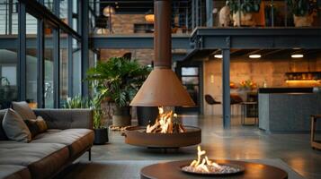 A sleek metal chimney rises from the round fire pit adding a touch of contemporary style to the industrial loft. 2d flat cartoon photo