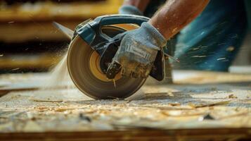 The grip of a circular saw is firmly held by a gloved hand effortlessly slicing through a piece of plywood for a new flooring installation photo