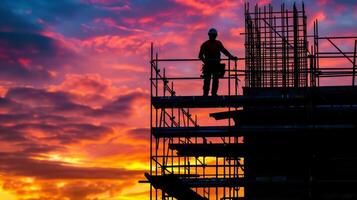 The silhouette of a hard hatwearing worker stands atop a scaffold their silhouette merging with the vibrant sky behind them photo