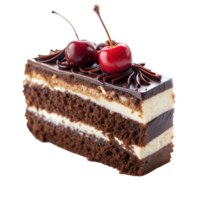 A slice of layered chocolate cake topped with glossy cherries png