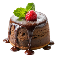 A luscious chocolate lava cake oozes with melted filling, garnished with a raspberry and mint leaf png