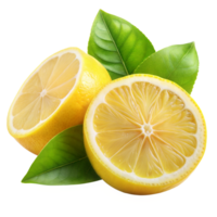 Two halves of a ripe lemon with green leaves png