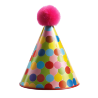 A colorful party hat with bright polka dots and a pink top png