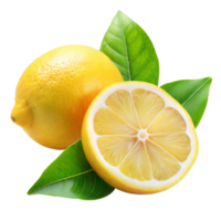 A ripe lemon next to a lemon half, adorned with green leaves png