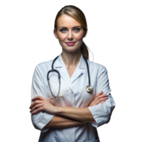 A smiling female doctor with stethoscope stands confidently png
